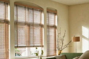 Горизонтальные деревянные жалюзи в зале